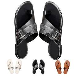 ERGRFHNL Lightweight Orthopedic Sandals Made of Premium Leather, Ring Loop Strap Slip on Slide Slippers Flip Flops (Black,9(US)) von ERGRFHNL