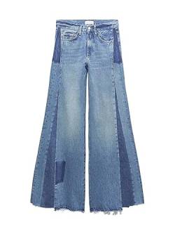 Patchwork Denim Big Flare Hosen for Frauen Vintage Zipper Straße Tasche Breite Bein Quasten Jeans Hosen Frühling Hosen (Color : A Blue, Size : M) von ERICAT