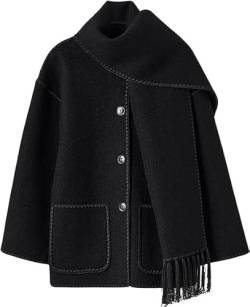 ERISAMO Women's Oversized Embroidered Scarf Jacket Crewneck Wool Coat Long Sleeve Tassel Scarf Coats, Winter Outerwear. (S, Black) von ERISAMO