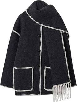 ERISAMO Women's Oversized Embroidered Scarf Jacket Crewneck Wool Coat Long Sleeve Tassel Scarf Coats, Winter Outerwear. (XL, Black White) von ERISAMO