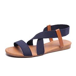 ERLINGO Damen Elastische Flache Sandalen Kreuzriemen Offene Zehen Sandalen Casual Strand Römische Sandalen Leicht Weich All-Match Wanderschuhe, Blau - blau - Größe: 38 EU von ERLINGO