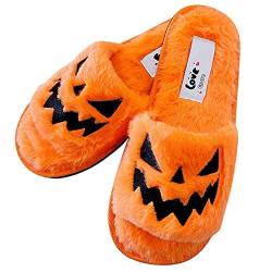 ERLINGO Halloween-Kürbis-Schuhe für Damen, weich, gemütlich, offener Zehenbereich, Plüsch, flauschig, rutschfeste TPR-Sohle, warme Hausschuhe für drinnen und draußen, Orange, 37 EU von ERLINGO
