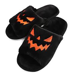 ERLINGO Halloween-Kürbis-Schuhe für Damen, weich, gemütlich, offener Zehenbereich, Plüsch, flauschig, rutschfeste TPR-Sohle, warme Hausschuhe für drinnen und draußen, Schwarz , 37 EU von ERLINGO