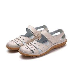 ERLINGO Weiche Ledersandalen für Damen, rutschfest, hohl, geschlossene Zehen, Sommersandalen, bequem, flache Schuhe, Causual Urlaub, breite Passform, Beige - beige - Größe: 38 EU von ERLINGO