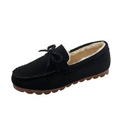 ERLINGO Wildleder Mokassin Hausschuhe Damen, Warm Bequem Low-Top Plüsch Hausschuhe Slip-on Super Weich Winter Indoor Outdoor Flache Schuhe Gemütlich Bow-Knot Loafers Slippers, Schwarz , 38 EU von ERLINGO