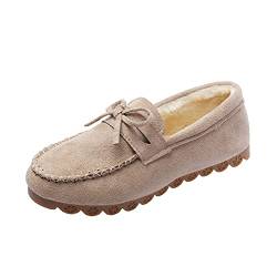 ERLINGO Wildleder Mokassin Hausschuhe Damen, Warm Bequem Low-Top Plüsch Hausschuhe Slip-on Super Weich Winter Indoor Outdoor Flache Schuhe Gemütlich Bow-Knot Loafers Slippers, khaki, 36.5 EU von ERLINGO