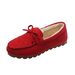 ERLINGO Wildleder Mokassin Hausschuhe Damen, Warm Bequem Low-Top Plüsch Hausschuhe Slip-on Super Weich Winter Indoor Outdoor Flache Schuhe Gemütlich Bow-Knot Loafers Slippers, rot, 39.5 EU von ERLINGO