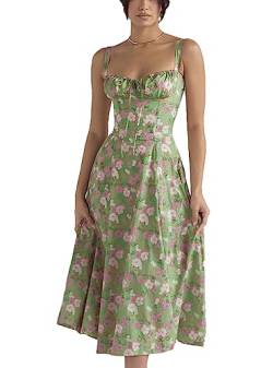 Damen-Midikleid mit Blumenmuster, Korsett, Sommer, Boho, ärmellos, quadratischer Ausschnitt, fließender Druck, Schlitz, Schnürung, tailliertes Feenkleid ( Color : Green Red Flower , Size : Medium ) von ERMODA