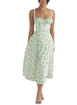 Damen-Midikleid mit Blumenmuster, Korsett, Sommer, Boho, ärmellos, quadratischer Ausschnitt, fließender Druck, Schlitz, Schnürung, tailliertes Feenkleid ( Color : Light green leaves , Size : Small ) von ERMODA