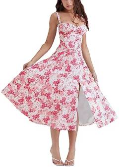 ERMODA Damen-Midikleid mit Blumenmuster, Korsett, Sommer, Boho, ärmellos, quadratischer Ausschnitt, fließender Druck, Schlitz, Schnürung, tailliertes Feenkleid (Color : Big Red Flower, Size : Small) von ERMODA