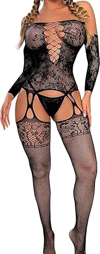 ERO-DOM Erotische Dessous Frau Schwarzer Ouvert Bodystocking Schulterfreies Mit Offenem Schritt Damen Unterwäsche Erotik Netz Für Sex Sexy Langarm Catsuit Sexy Spitze Nachtwäsche von ERO-DOM