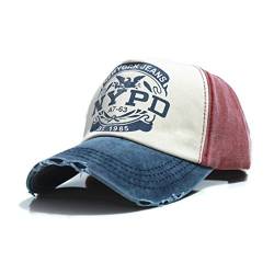 EROSPA® Basecap NYPD Baseball Cap mit ausgefranzter Optik - Männer Herren - Denim Vintage Style -Used wash Look - dunkelrot/Jeansblau/beige - (Einheitsgröße) von EROSPA