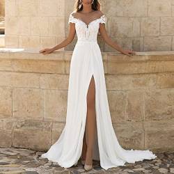 Hochzeitskleider für Eine Linie von Schulter Sexy v Hals High Slit Empire Taille Tüll Spitzenapplikation Plus Größe Brautkleid Weiß Plus 46, ESBANT, Weiss, 42 von ESBANT