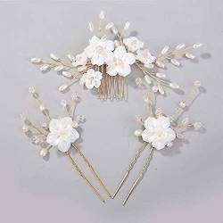 Wunderschöne weiße Blume Perlen Haarsticks Hochzeit Haarkamm Haarnadeln Clips Set Braut Haarschmuck Zubehör Set SL die Party von ESBANT