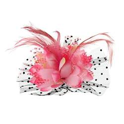 Frauen Braut Mesh Bogen Feder Perlen Hochzeit Fascinator Punkt Schleier Haarspange Brosche-Pink von ESCATIC