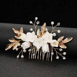 Handgemachte Porzellan Blume Kristall Perlen Braut Haarkamm Hochzeit Kopfschmuck Frauen Haarschmuck-1554 Gold von ESCATIC