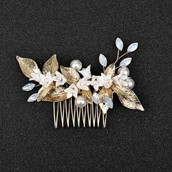 Handgemachte Porzellan Blume Kristall Perlen Braut Haarkamm Hochzeit Kopfschmuck Frauen Haarschmuck-1663 Gold von ESCATIC