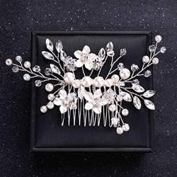 Silber Farbe Blume Perle Kristall Hochzeit Haarkamm Haarnadel Stirnband für Braut Frauen Hochzeit Haarschmuck Schmuck Tiara Geschenk-Silber von ESCATIC