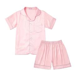 ESHOO Kinder Jungen Mädchen Pyjamas Nachtwäsche, Teens Sommer Reine Farbe gefälschte Seide Satin Kurzarm Pyjamas Set 2-Stücke Nachtwäsche Homewear Pjs von ESHOO