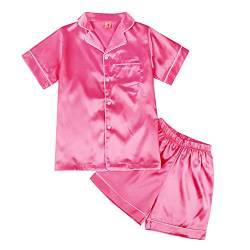 ESHOO Kinder Jungen Mädchen Pyjamas Nachtwäsche, Teens Sommer Reine Farbe gefälschte Seide Satin Kurzarm Pyjamas Set 2-Stücke Nachtwäsche Homewear Pjs von ESHOO