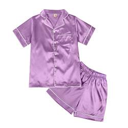 ESHOO Kinder Jungen Mädchen Pyjamas Nachtwäsche, Teens Sommer Reine Farbe gefälschte Seide Satin Kurzarm Pyjamas Set 2-Stücke Nachtwäsche Homewear Pjs von ESHOO