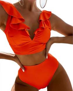 Triangel Bikini Damen High Waist Sexy V Ausschnitt Schwimmbikini Bademode Zweiteiliger Strand Rüschen Fashion Strandkleidung Badeanzüge Orange von ESORNUG