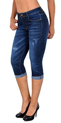 ESRA Damen Capri Jeans Hose Damen Caprihose Kurze Jeans mit Blumenstickerei 3/4 Hose bis Übergröße J374 von ESRA