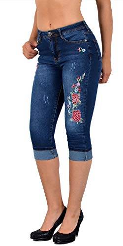ESRA Damen Capri Jeans Hose Damen Caprihose Kurze Jeans mit Blumenstickerei 3/4 Hose bis Übergröße J374 von ESRA