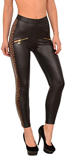 ESRA Damen Leggings Lederlook Leggins Damen Leder Leggings Hose mit Rissen, Zipper, Applikationen von ESRA