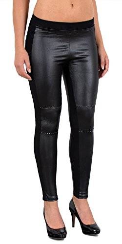 ESRA Damen Leggings Lederlook Leggins Damen Leder Leggings Hose mit Rissen, Zipper, Applikationen von ESRA