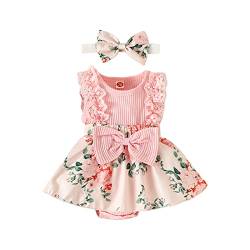 ESSECMBS Baby Mädchen Sommer 2 Stück Strampler Kleid Anzug Spitze Rüschenärmel All-in-One Blumendruck Body Kleid mit Stirnband Neugeborenes Strampelanzug (Rosa, 0-3 Monate) von ESSECMBS