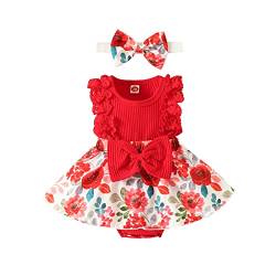 ESSECMBS Baby Mädchen Sommer 2 Stück Strampler Kleid Anzug Spitze Rüschenärmel All-in-One Blumendruck Body Kleid mit Stirnband Neugeborenes Strampelanzug (Rot, 3-6 Monate) von ESSECMBS