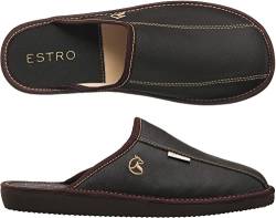 ESTRO Hausschuhe Herren Leder Herrenhausschuhe - Hausschuh Männer Pantoffel Pantoffeln Pantoletten Slipper Mann Warm FROST (46 EU, Kakao) von ESTRO