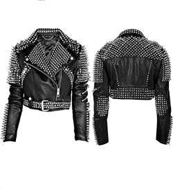 Damen Gothic Brando Rock Punk Nieten Fransen Biker Schwarz Motorrad Lederjacke, Schwarz – Echtleder (Stil 2), 42 von EU Fashions