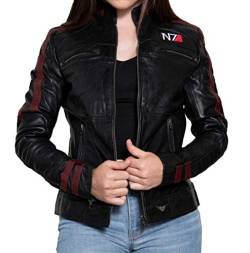 EU Fashions Damen Lederjacke Commander Shepard Street Fighter Mass Effect N7 Logo Schwarz Gr. Large, Schwarze Kunstlederjacke mit Mass Effect von EU Fashions