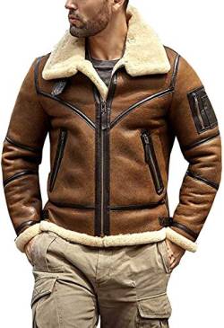 EU Fashions Herren B3 Piloten-Pilotenjacke, Kunstfell, Schaffell, braun, Bomberjacke, echtes Leder, für den Winter Gr. L, Braune Lammfell-Jacken für Herren von EU Fashions