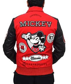 EU Fashions Michael Jackson Mickey Mouse Herren-Bomberjacke aus Wolle, Rot, Wolle und Kunstleder, S von EU Fashions