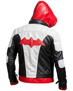 EU Fashions Motorradjacke mit Kapuze Arkham Biker Bat Logo Rot Gr. Medium, Red Hood Faux Leather Jacket von EU Fashions