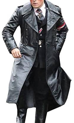 EU Fashions Schwarzer Trenchcoat aus echtem Leder, Deutscher Klassiker Offizier Militäruniform, Leder, XL von EU Fashions