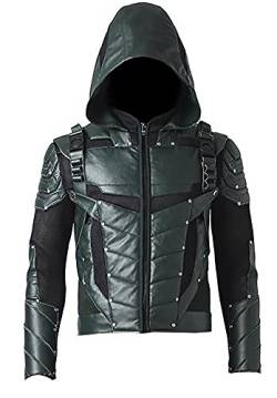 Green Arrow S5 Oliver Queen Stephen Amell Kostüm mit Kapuze Lederjacke Hose Gr. M, Green Arrow Faux Hoodie von EU Fashions