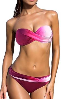 EUDOLAH Damen Bandeau Padded Bikini-Set Trägerlosen Badeanzug Push Up (Large Z-Pink) von EUDOLAH