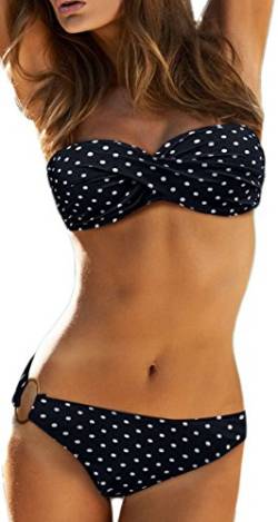 EUDOLAH Damen Bandeau Padded Bikini-Set Trägerlosen Badeanzug Push Up (XL, A-Schwarze und weiße Punkten) von EUDOLAH