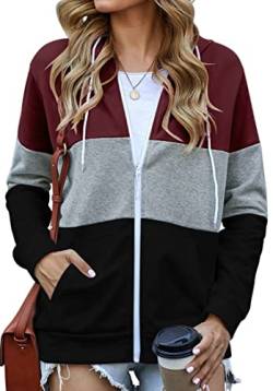 EUDOLAH Damen Colorblock Sweatjacke mit Tasche Kapuzenjacke mit Reißverschluss Loose Fit Hoodie Casual Running Fitness Sweatshirt A-Weinrot L von EUDOLAH