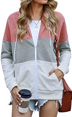 EUDOLAH Damen Colorblock Sweatjacke mit Tasche Kapuzenjacke mit Reißverschluss Loose Fit Hoodie Casual Running Fitness Sweatshirt Rosa S von EUDOLAH