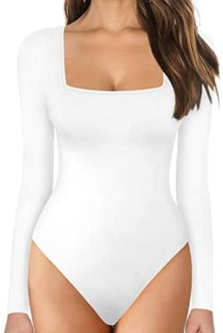 EUDOLAH Damen Elegant Bodysuit Tops Unterziehbody Langarmbody Eckiger Ausschnitt Overalls Damenbody Jumpsuit XL Weiß von EUDOLAH