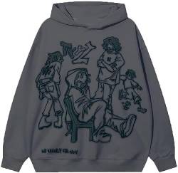 EUDOLAH Damen Herren Y2K Hoodie Charakter Graffiti Kapuzenpullover Langarm Unisex Oversized Sweater mit Kapuze Grau XL von EUDOLAH