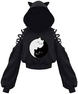 EUDOLAH Damen Hoodie Schulterfrei Katzen Ohr Hoodie Kapuzenpulli mit Bänder kurzes Sweatshirt (1-Tai Chi Katzen XL) von EUDOLAH