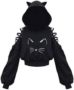 EUDOLAH Damen Hoodie Schulterfrei Katzen Ohr Hoodie Kapuzenpulli mit Bänder kurzes Sweatshirt (Katzengesicht XXL) von EUDOLAH