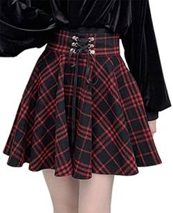 EUDOLAH Damen Mini-Faltenrock Kariert Gothic Stil A-Linie Hohe Taille Plissee Skater Rot L von EUDOLAH