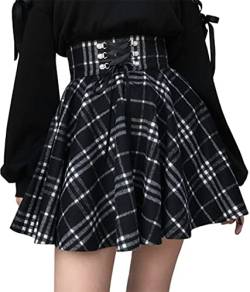 EUDOLAH Damen Mini-Faltenrock Kariert Gothic Stil A-Linie Hohe Taille Plissee Skater Schwarz S von EUDOLAH